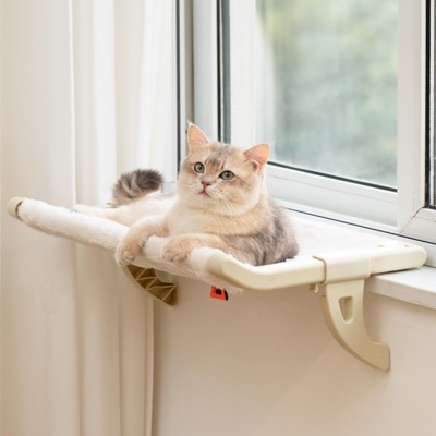 Mewoofun Pet Beds Window Sill Mount Cat Perch for Indoor Cats Lounge Mount Pet Hammock No Drilling No Suction Cup, Beige, 23.6"*14.7"*8.6"