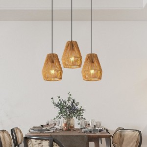 7" Set of 3 Rustic Hemp Rope Pendant Light, Adjustable Height Ceiling Lamp for Kitchen Island,Dining Room,Living Room,Natural Woven Design (No Bulbs) - 1 of 4