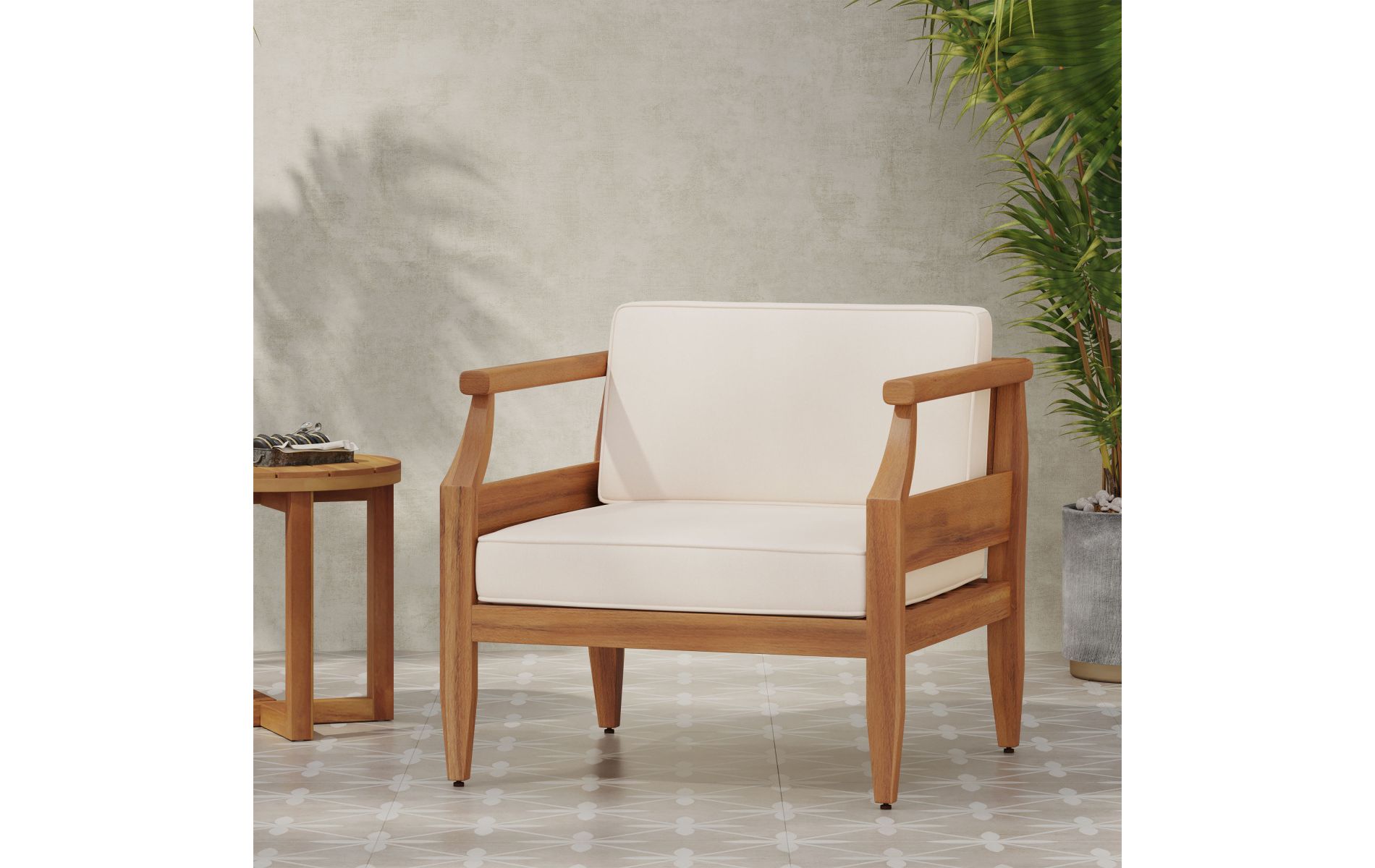Acacia Wood Outdoor Club Chair, 30" Patio Lounge Seating with Open Slat Back & Cream Water-Resistant Cushion-3irtyhousy