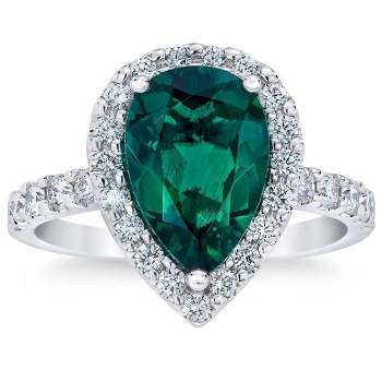 Pompeii3 5Ct Pear Shape Emerald & Lab Created Diamond Halo Ring in 10k White Gold