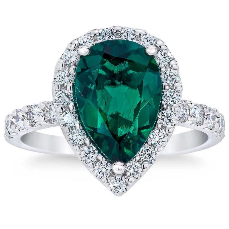 Pompeii3 5Ct Pear Shape Emerald & Lab Created Diamond Halo Ring in 10k White Gold, 1 of 6
