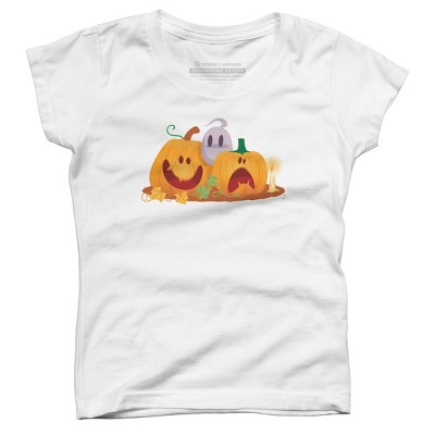 Girl's Design By Humans Halloween Cartoon Pumpkins And Ghost By VectorVillain T-Shirt