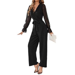 Coolmee Womens Dressy Lace Jumpsuit Casual Long Sleeve V-Neck Straight Leg Overalls Work Outfits with Belt - 1 of 4