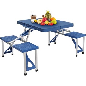 135.5×83×65.5cm Portable Folding Camping Picnic Table Camping Suitcase Table with Seats Chairs Blue - 1 of 4