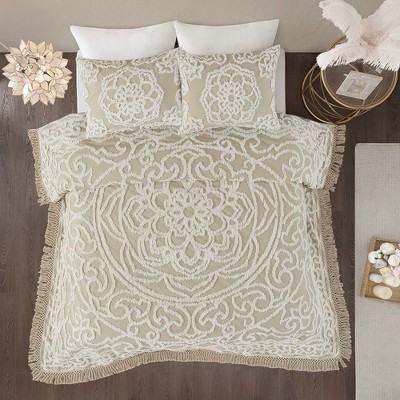 Full Beige Cotton Reversible Tufted Chenille Coverlet Set