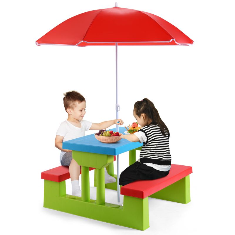 Tangkula Kids Picnic Table Set Indoor Outdoor Toddler Table with Bench & Removable Umbrella Portable Children Play Set, 1 of 11