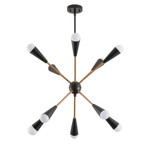 Large 12-Light Sputnik Pendant Light Black Cone Shades Brass Arms for Living Room or Kitchen - 1 of 4
