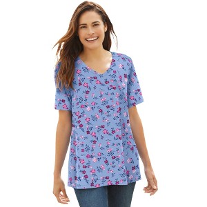 Woman Within Perfect Printed Short-Sleeve V-Neck Tee - 1 of 4