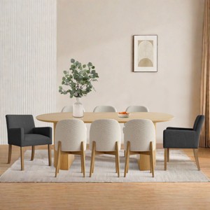 7-piece Dining Room Table Set, Oak Oval Table with 6 Linen Fabric Dining Chair and 2 Captain's Chair with Solid Wood Legs, Dining Room- Maison Boucle - 1 of 4