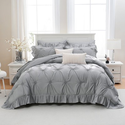 Ruffle Pintuck Comforter Set Bed in a Bag – 9-Piece Farmhouse Shabby Chic Boho Bedding with Sheets, Pillowcases & Decorative Covers