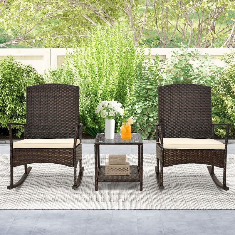 Tangkula 3 Pieces Rocking Wicker Bistro Set Outdoor Front Porch Rocker Chairs Conversation Set, 4 of 11