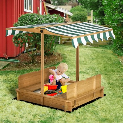 VYNXARIA Wooden Kids Sandbox with Cover, Children Outdoor Sand Box with Foldable Bench Seats, Adjustable Canopy, Bottom Liner for Outdoor, Brown