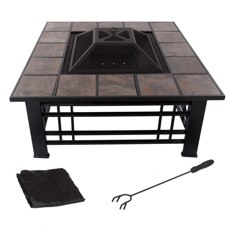 Nature Spring 32" Square Metal Patio Fire Pit Table with Accessories - Marble Tile, Black, 3 of 6