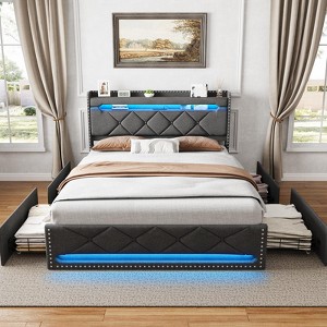 Bed Frame with 4 Drawers and Storage Headboard, Upholstered Platform Bed - 1 of 4