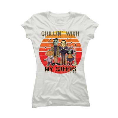 Junior's Design By Humans Chillin with my creeps 80's style halloween characters By MerchHQ T-Shirt