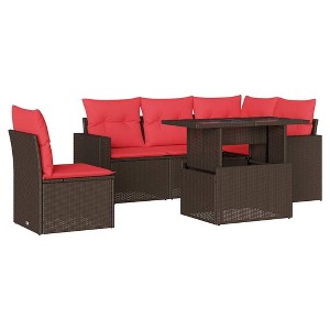 vidaXL Patio Sofa Set with Cushions and Table Outdoor 6 Piece Poly Rattan - Brown - 1 of 4