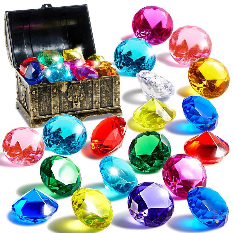 Syncfun 17 pcs Diving Gems Pool Toys, Big Colorful Diamond with Pirate Treasure Chest, Swim Dive Toy for Kids Underwater Gemstone Swimming Training, 1 of 9