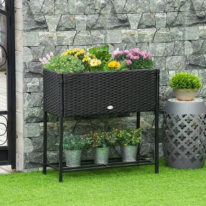 Okak 27.5" Rattan Wicker Raised Garden Bed with Tool Storage Shelf, Outdoor Portable Elevated Planter Box for Vegetables/Herbs/Flowers - 1 of 4