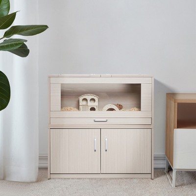 Wooden Hamster Cage with Acrylic Window and Storage Cabinet,33'' Small Animal Habitat for Hamsters Guinea Pigs and Chinchillas - LAOTIES