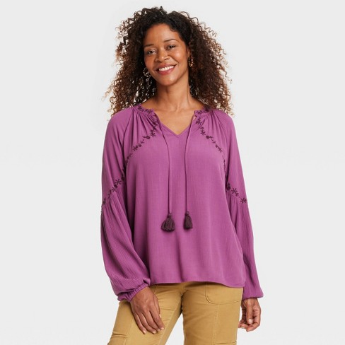 Women's Balloon Sleeve Embroidered Blouse - Knox Rose™ Violet S