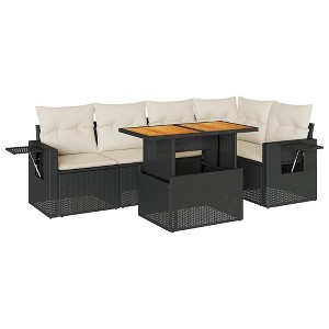 vidaXL Patio Sofa Set with Cushions Lounge Table and Sofas 6 Piece Poly Rattan - Black and Cream 3x Corner + Table + 2x Middle - 1 of 4