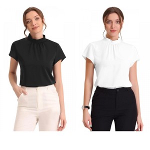 Allegra K Women's Mock Neck Pleated Elegant Office Solid Cap Sleeve Blouse 2 Packs - 1 of 4