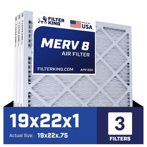 Filter King 19x22x1 Air Filter | 3-PACK | MERV 8 HVAC Pleated A/C Furnace Filters | MADE IN USA | Actual Size: 19 x 22 x .75" - image 1 of 4