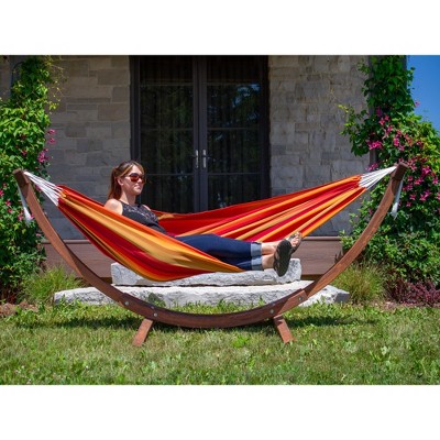 Sunset Orange Striped Sunbrella Hammock with Solid Pine Stand