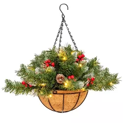 Costway Pre-Lit Artificial Christmas Hanging Basket w/ Pine Cones Red Berries & 8 Modes