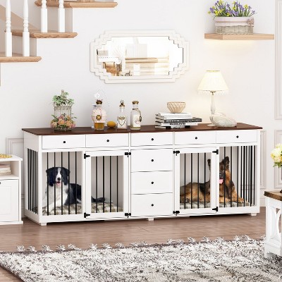 Famapy Large Dog Crate Furniture with Drawers Multifunctional Furniture Style Pet Crate White