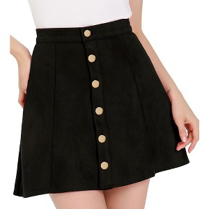 INSPIRE CHIC Women's Faux Suede Button Front A-Line High Waisted Mini Short Skirt - 1 of 4