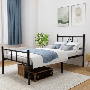 79.5"L x 37.5"W x 36"H Metal Platform Twin Bed Frame with Iron Art Headboard & Footboard Underbed Storage No Box Spring Needed 450lbs Capacity - 1 of 4
