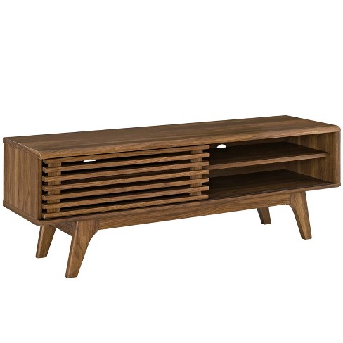 Render Tv Stand Mid century Media Console For 55 Tvs Walnut Grain Sliding Doors Modway Target