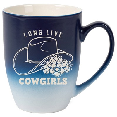 100 North Floral Western Hat 10 Ounce Navy Blue and White Two Toned Ombre, Comfortably Fits Your Hands, Ceramic Tea Coffee Cup Mug, Long Live Cowgirls