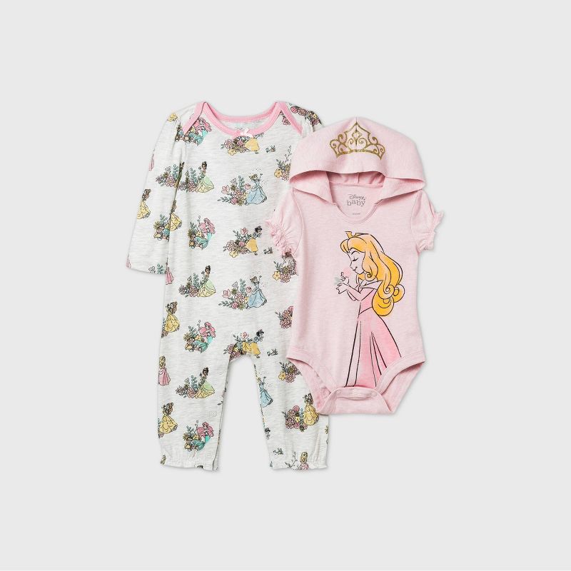 Baby Girls' 2pk Disney Princess Romper and Bodysuit - Pink, 1 of 4