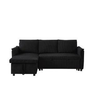 TiramisuBest Loveseat Sofa with Chaise Lounge, L-Shaped Modular Convertible Sleeper Sectional, Corduroy Upholstered Pull-Out Bed(Black) - 1 of 4