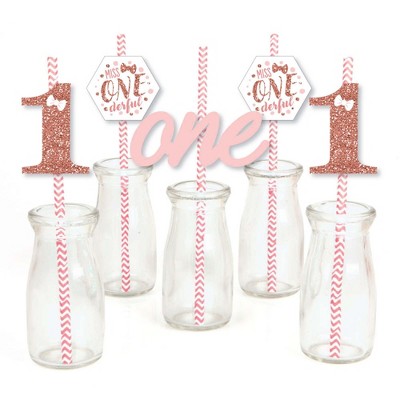 Big Dot of Happiness 1st Birthday Little Miss Onederful - Paper Straw Decor - Girl First Birthday Party Striped Decorative Straws - Set of 24