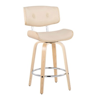 Lombardi 26" Beige Faux Leather and Walnut Wood Swivel Counter Stools - Set of 2