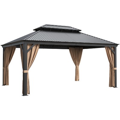 LACOO Galvanized Aluminum Hardtop Permanent Gazebo with Double Roof, Netting and Curtains