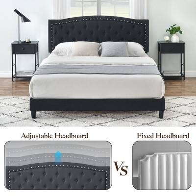 Full Size Platform Bed Frame, Modern Black Upholstered Bed Frame with a Height-Adjustable Button-Tufted Headboard, Noise Free Wood Slats Mattress