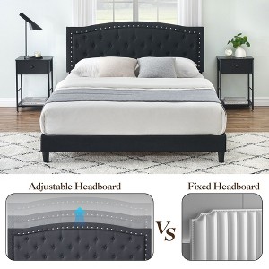 Full Size Platform Bed Frame, Modern Black Upholstered Bed Frame with a Height-Adjustable Button-Tufted Headboard, Noise Free Wood Slats Mattress - 1 of 4