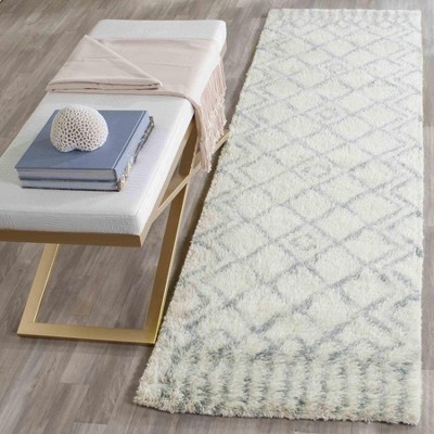 Ivory and Blue Hand-Tufted Wool Shag Runner Rug