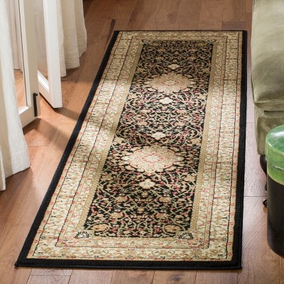 Black and Ivory Floral Synthetic Safavid Style Runner Rug