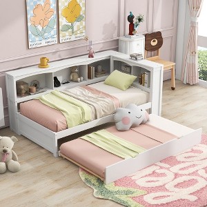 NicBex Twin Size Daybed 86" L Modern Wooden Bed Frame with Trundle, Storage Cabinets and Ports for Bedroom, Living Room, No Box Spring Required, White - 1 of 4