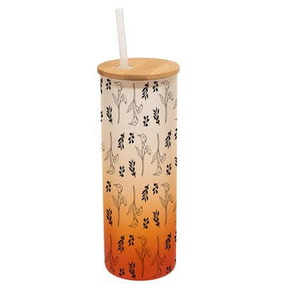 Elanze Designs Calla Lily Flower Floral Wrap-Around Design 25 Ounce Frosted Gradient Glass On-The-Go Coffee Travel Skinny Tumbler Mug Cup, Bamboo Lid