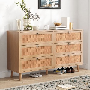 Sapphtopaz Modern Double Dresser with 6 Rattan Drawers, Wood Closet Storage with Alloy Ring Pulls for Entryway Versatile Dresser for Bedroom - 1 of 4