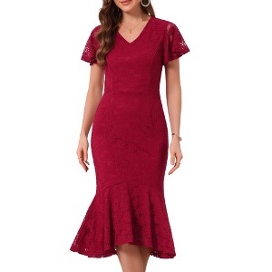 womens red lace dresses Sequin Prom Dress with Slit, Ruffled Off-the-Shoulder Evening Dress red floral lace tiered overlay White And Red Lace Long