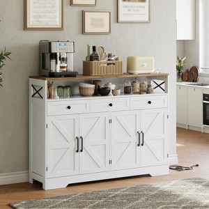 51'' Large Sideboard Buffet Cabinet w/Charging Station, 3 Drawers & Barn Doors, Wood Farmhouse Coffee Bar Kitchen Storage Pantry Cabinet for Kitchen - 1 of 4