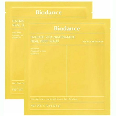 Biodance Radiant Vita Niacinamide Real Deep Mask (2 Sheets x 1.19 oz.) Face Sheet Masks for Dark Spot Care, Even Skin tone