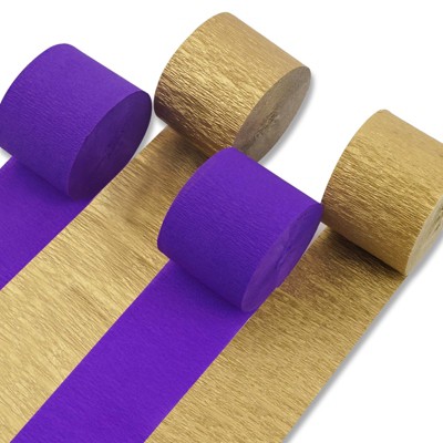 PartyWoo Crepe Paper Streamers Metallic Gold Royal Purple 4 Rolls 328 ft 1.8 in x 82 Ft Roll